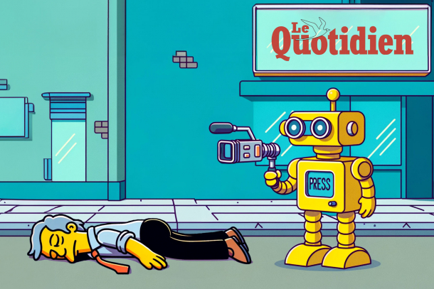 Robot tenant une caméra face à un journaliste inanimé au sol, symbolisant la menace de l'IA sur la profession journalistique.